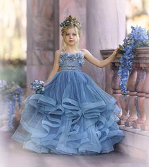 BMbridal Blue Späghetti-Träger Tüll Flower Girl Dress Layered With Applikation