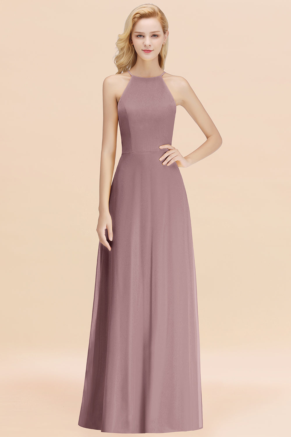 BMbridal Modest High-Neck Yellow Chiffon Affordable Bridesmaid Dresses Online