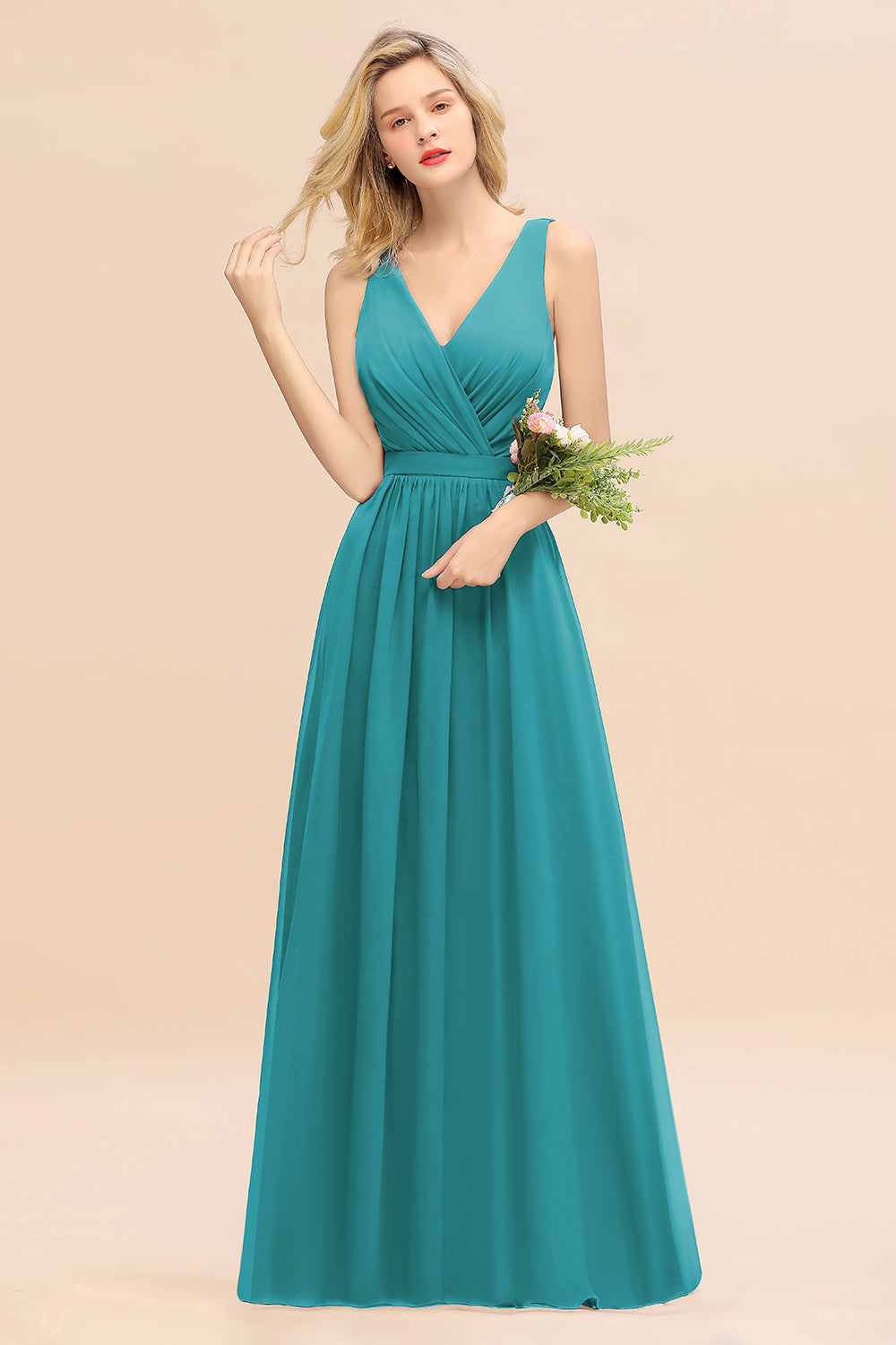 BMbridal Affordable V Ausschnitt Ruffle Long Grape Chiffon Bridesmaid Dress with Schleife