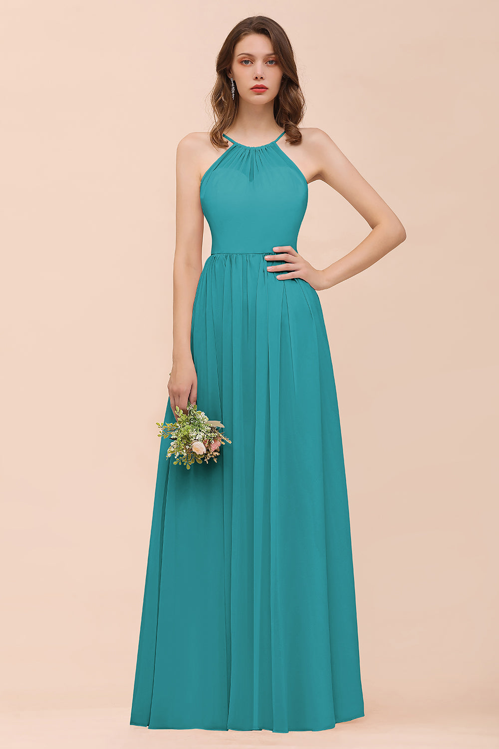 BMbridal Gorgeous Chiffon Neckholder Ruffle Affordable Long Bridesmaid Dress