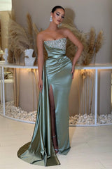 Bmbridal Dusty Sage Herz Ausschnitt Prom Dress Meerjungfrau Stil Slit Long With Beads