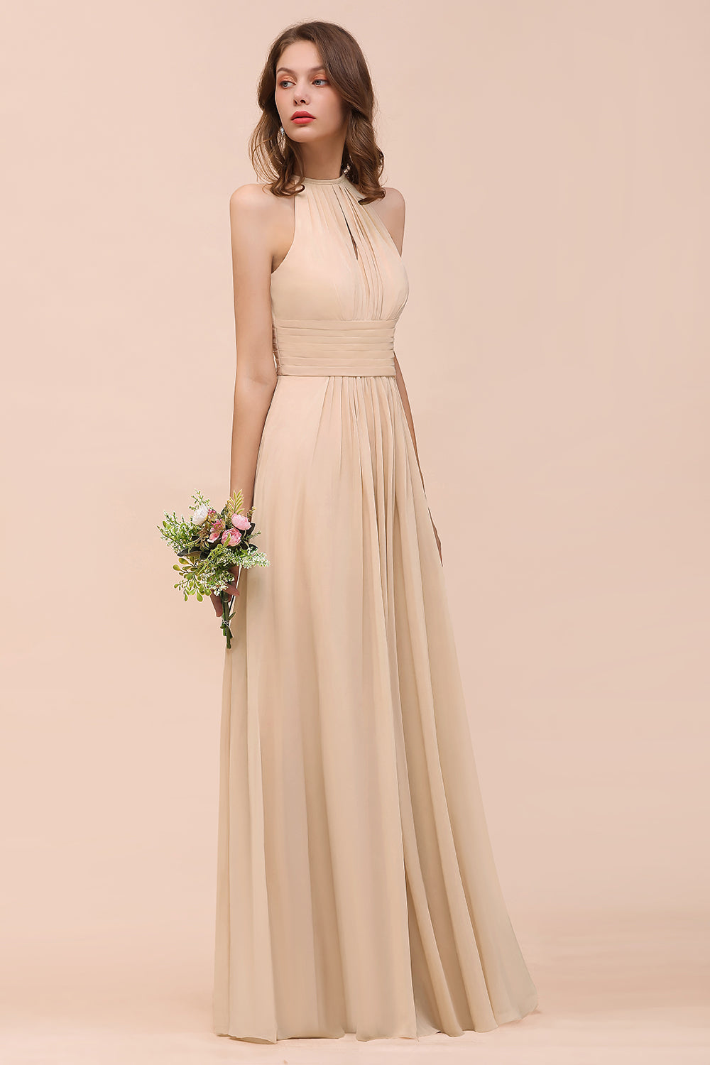 BMbridal Elegant Chiffon Jewel Ruffle Champagne Affordable Bridesmaid Dress Online