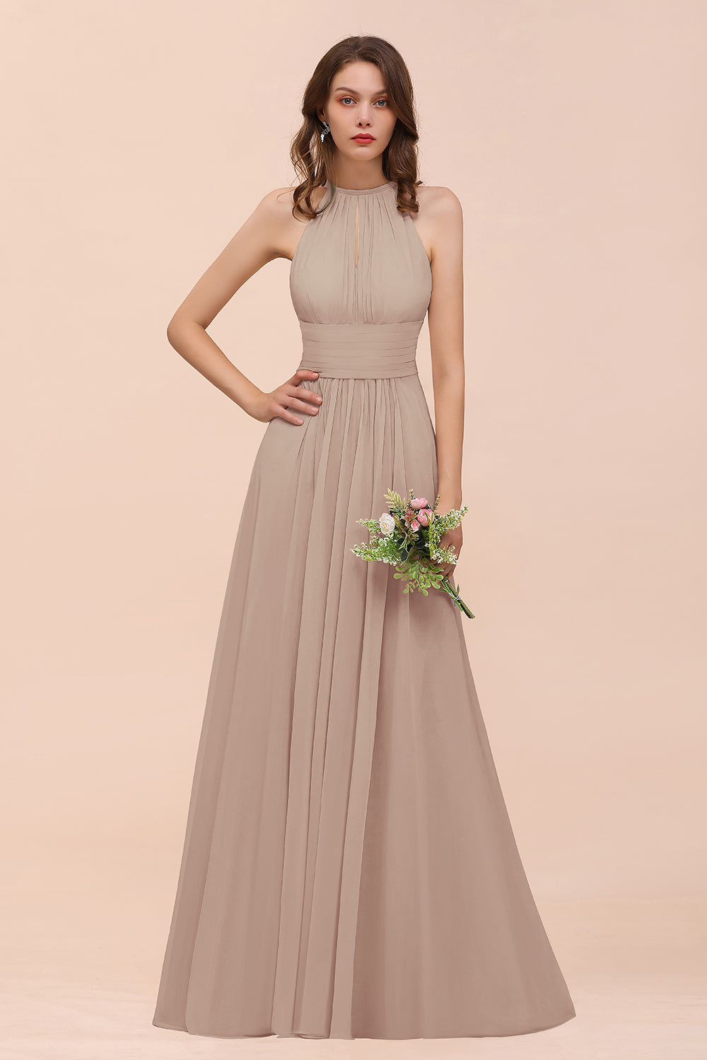 BMbridal Elegant Chiffon Jewel Ruffle Champagne Affordable Bridesmaid Dress Online