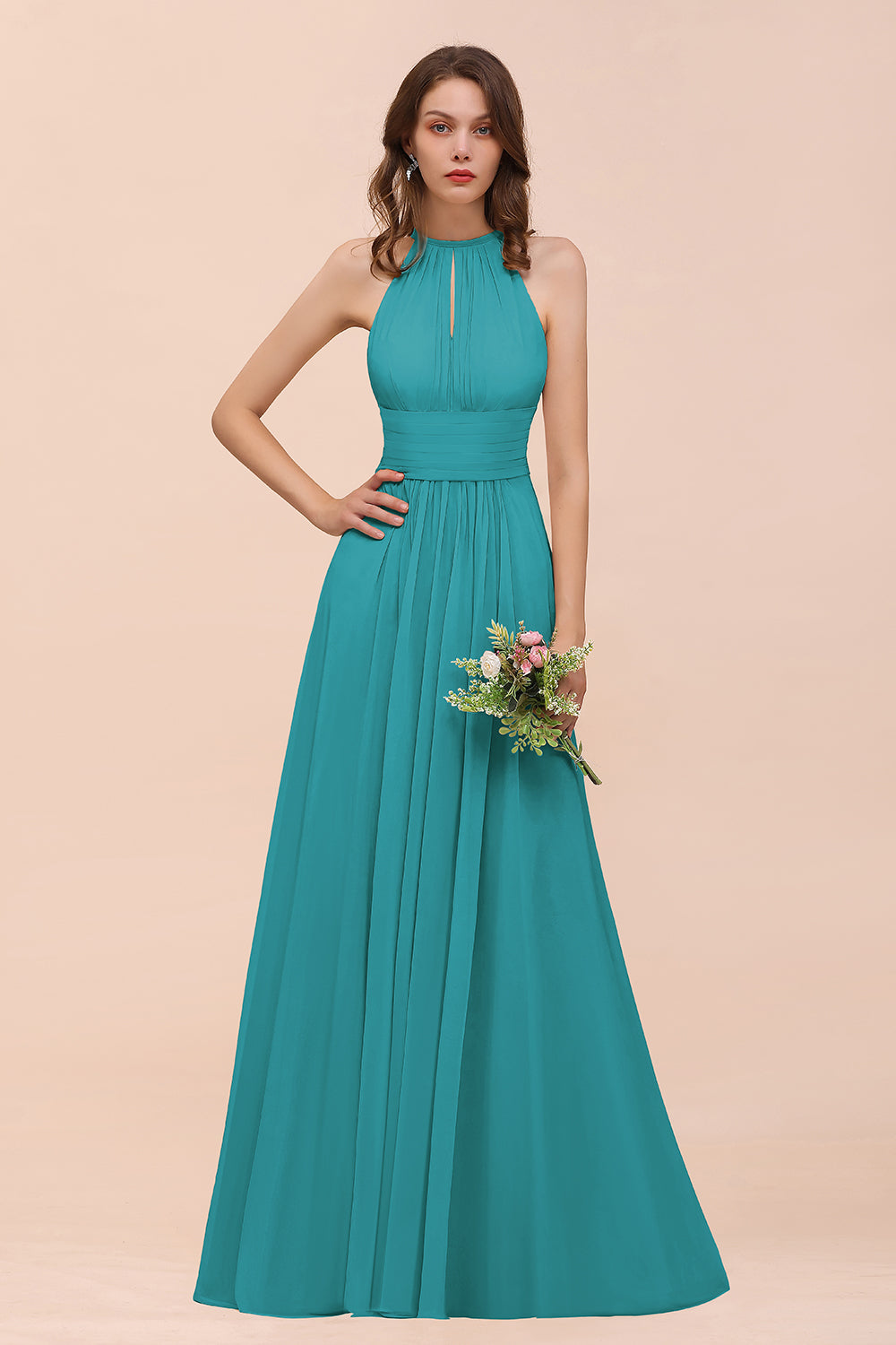 BMbridal Elegant Chiffon Jewel Ruffle Champagne Affordable Bridesmaid Dress Online