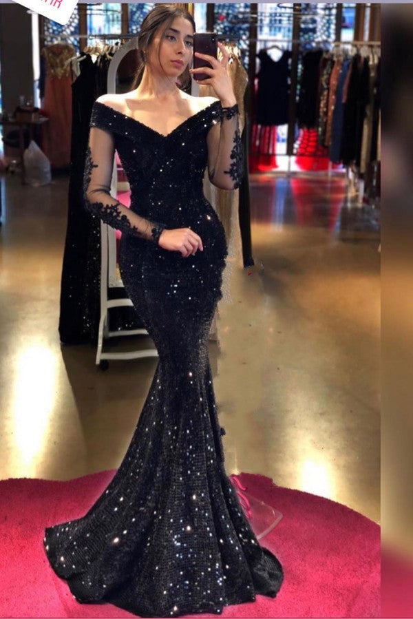 Bestellen Sie Designer Abendkleider Lang Schwarz  online bei Thekleid.de. Abiballkleider Glitzer mit Ärmel für Sie zum abiball gehen.