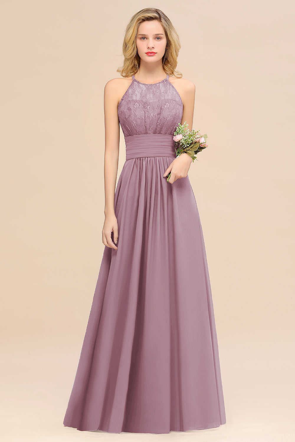 BMbridal Elegant Neckholder Rüschen Ärmellos Grape Spitze Bridesmaid Dresses Affordable
