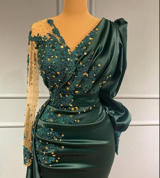 Laden Sie das Bild in den Galerie-Viewer, BMbridal Dark Green Langarm Prom Dress Meerjungfrau Stil With Perlens
