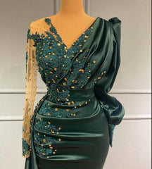 BMbridal Dark Green Langarm Prom Dress Meerjungfrau Stil With Perlens