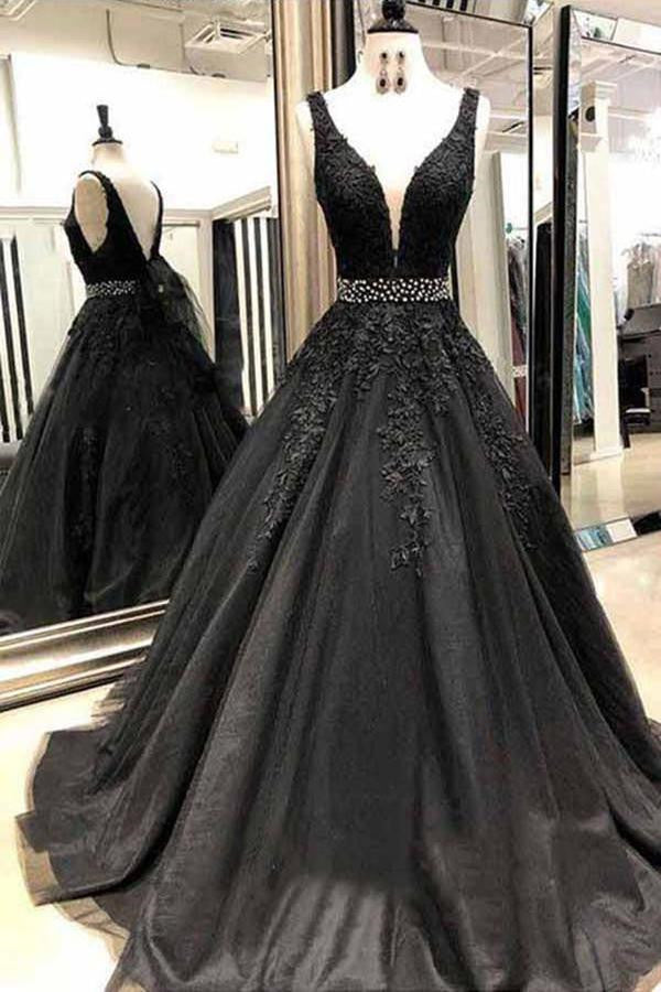 BMbridal Black V Ausschnitt Spitze Prom Dress Long Ärmellos Evening Gowns With Beads