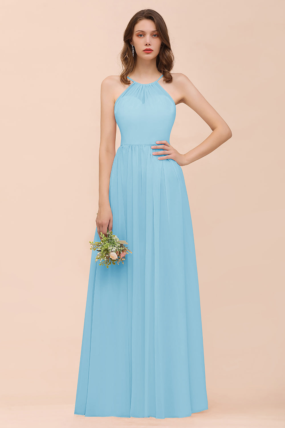 BMbridal Gorgeous Chiffon Neckholder Ruffle Affordable Long Bridesmaid Dress