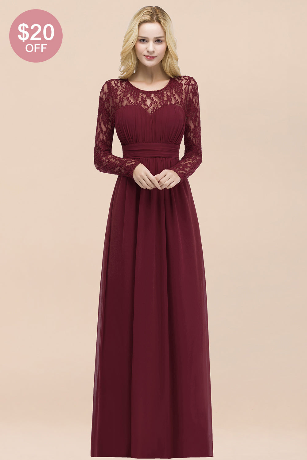 BMbridal Elegant Spitze Burgundy Bridesmaid Dresses Online with Langarm