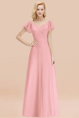 BMbridal Elegent Short-Sleeve Long Bridesmaid Dress Online Yellow Chiffon Hochzeit Party Dress