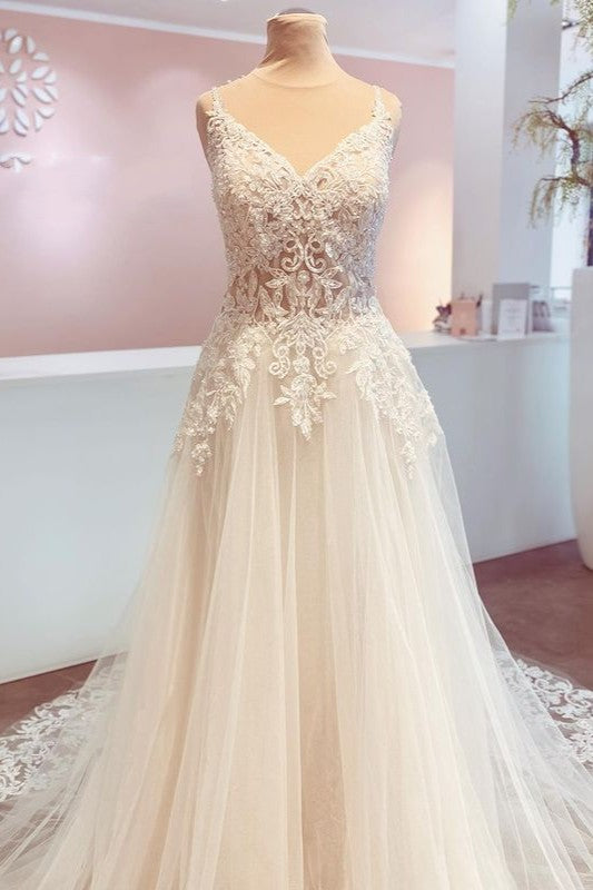 BMbridal Späghetti-Träger V Ausschnitt Hochzeit Dress Spitze Tüll Bridal Gowns