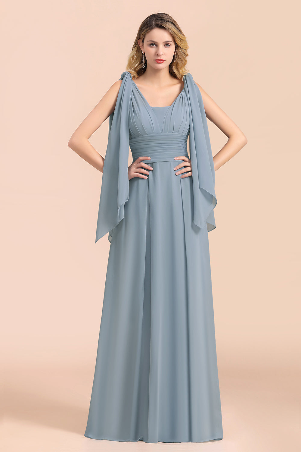 Finden Sie bei babyonlinedress.de Steel Blue Brautjungfernkleider Lang online.  Chiffon Kleider Günstig für Sie zur Hochzeit gehen,