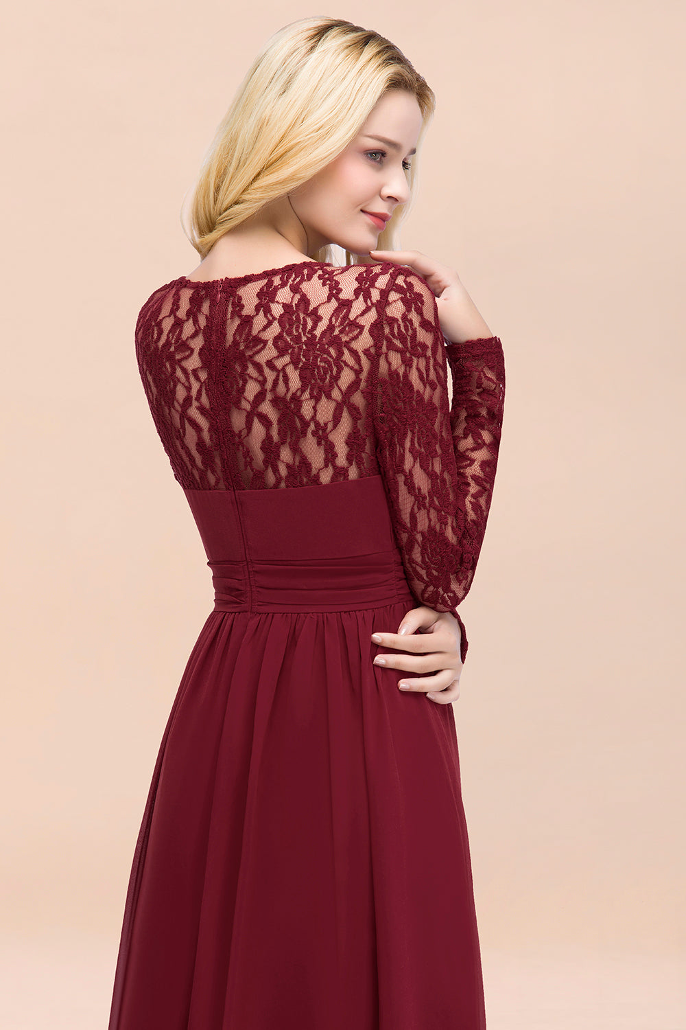 BMbridal Elegant Spitze Burgundy Bridesmaid Dresses Online with Langarm