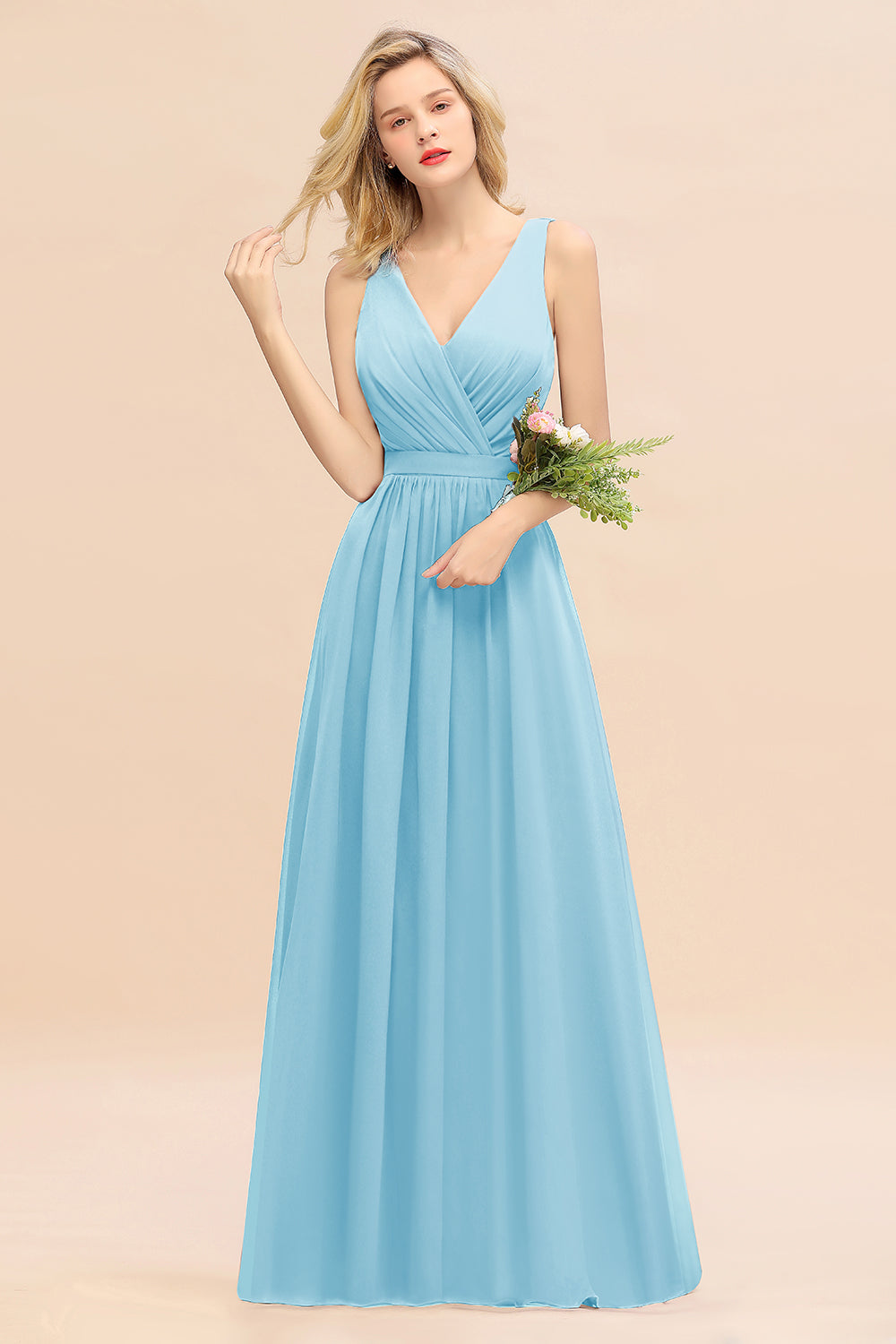 BMbridal Affordable V Ausschnitt Ruffle Long Grape Chiffon Bridesmaid Dress with Schleife