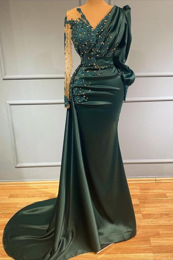 BMbridal Dark Green Langarm Prom Dress Meerjungfrau Stil With Perlens