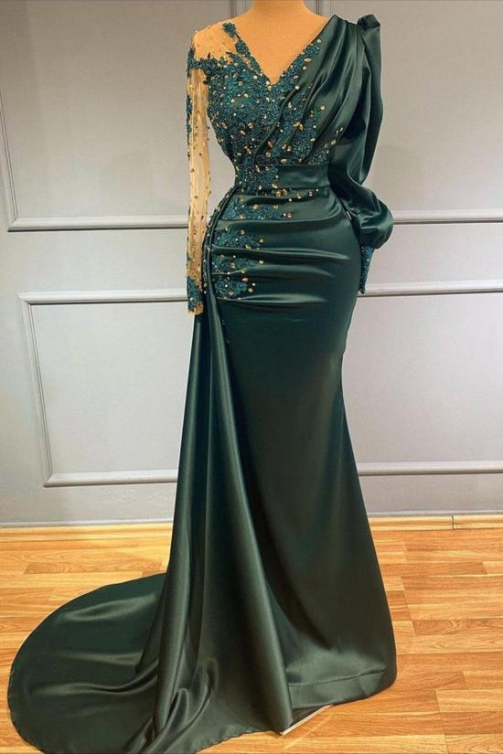 Laden Sie das Bild in den Galerie-Viewer, BMbridal Dark Green Langarm Prom Dress Meerjungfrau Stil With Perlens
