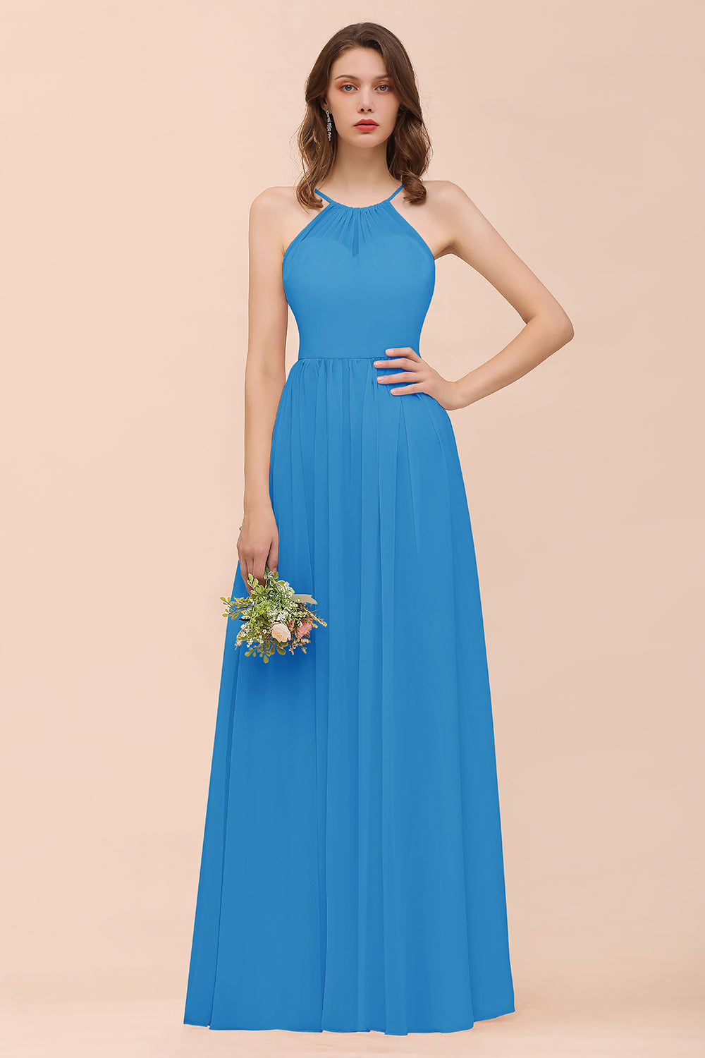 BMbridal Gorgeous Chiffon Neckholder Ruffle Affordable Long Bridesmaid Dress