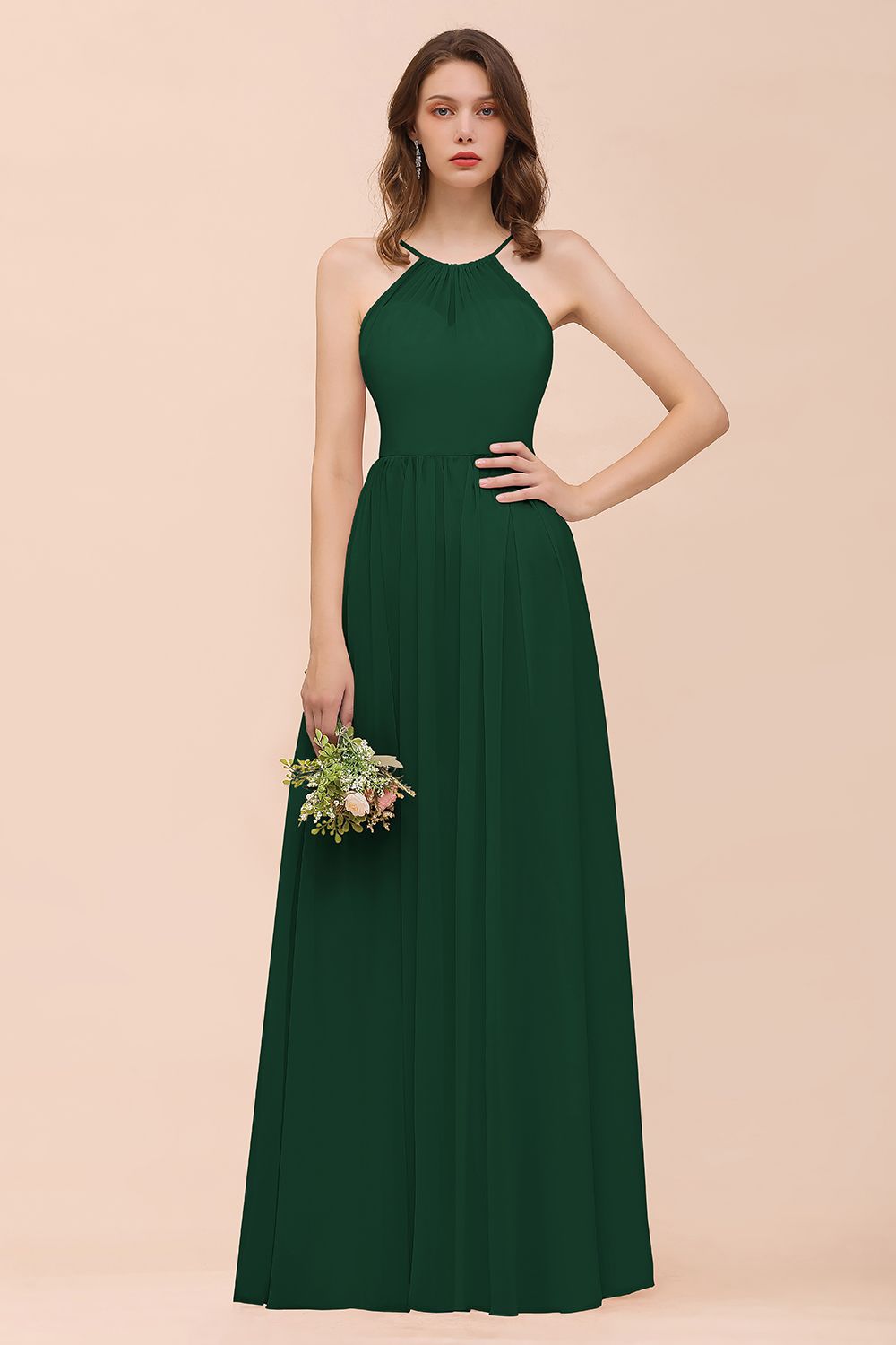 BMbridal Gorgeous Chiffon Neckholder Ruffle Affordable Long Bridesmaid Dress