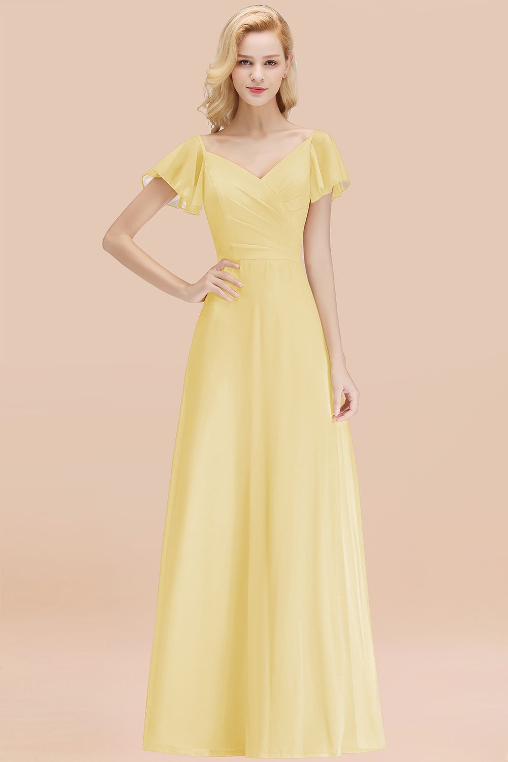 BMbridal Elegent Short-Sleeve Long Bridesmaid Dress Online Yellow Chiffon Hochzeit Party Dress