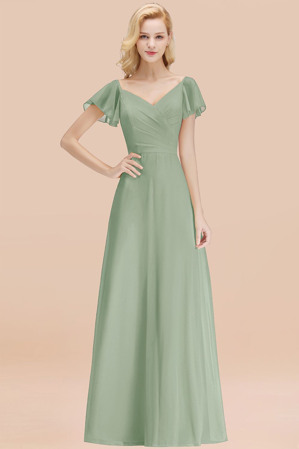 BMbridal Elegent Short-Sleeve Long Bridesmaid Dress Online Yellow Chiffon Hochzeit Party Dress