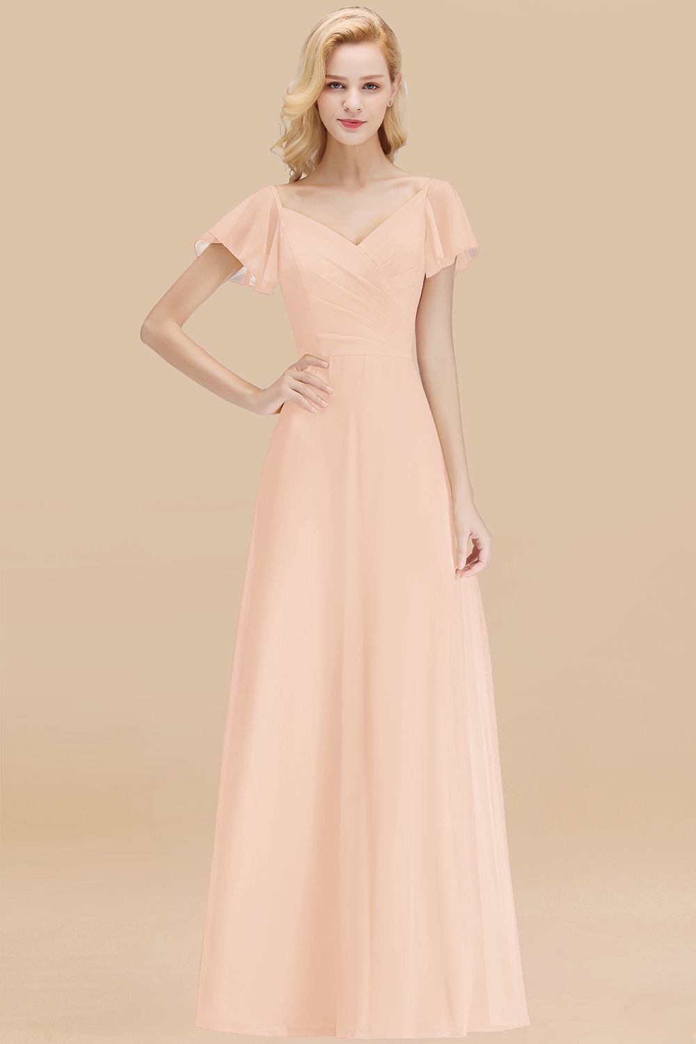 BMbridal Elegent Short-Sleeve Long Bridesmaid Dress Online Yellow Chiffon Hochzeit Party Dress