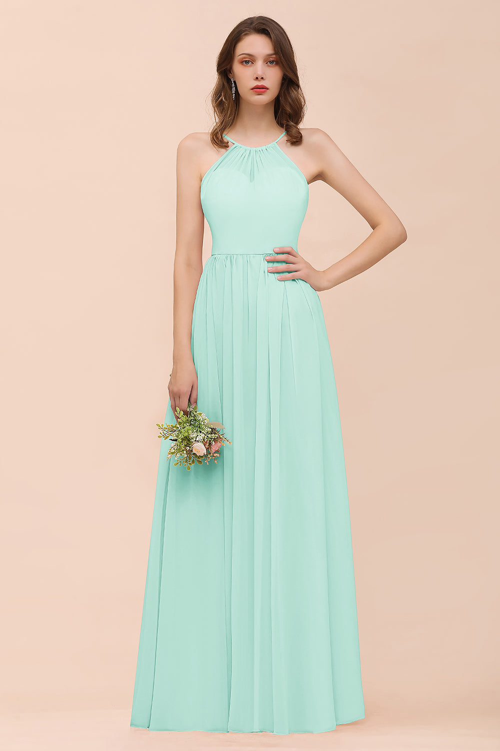 BMbridal Gorgeous Chiffon Neckholder Ruffle Affordable Long Bridesmaid Dress