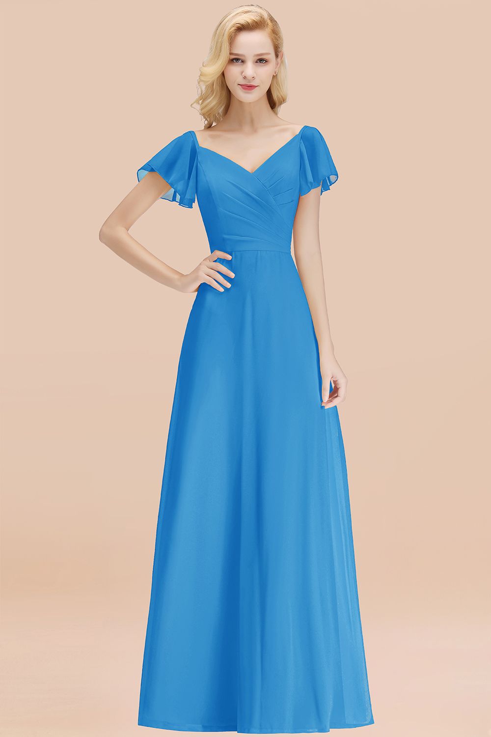 BMbridal Elegent Short-Sleeve Long Bridesmaid Dress Online Yellow Chiffon Hochzeit Party Dress