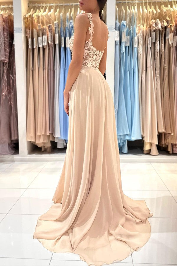 Bmbridal Träger Quadrat Prom Dress Champagne Slit With Applikation