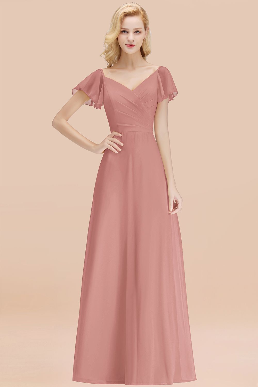 BMbridal Elegent Short-Sleeve Long Bridesmaid Dress Online Yellow Chiffon Hochzeit Party Dress