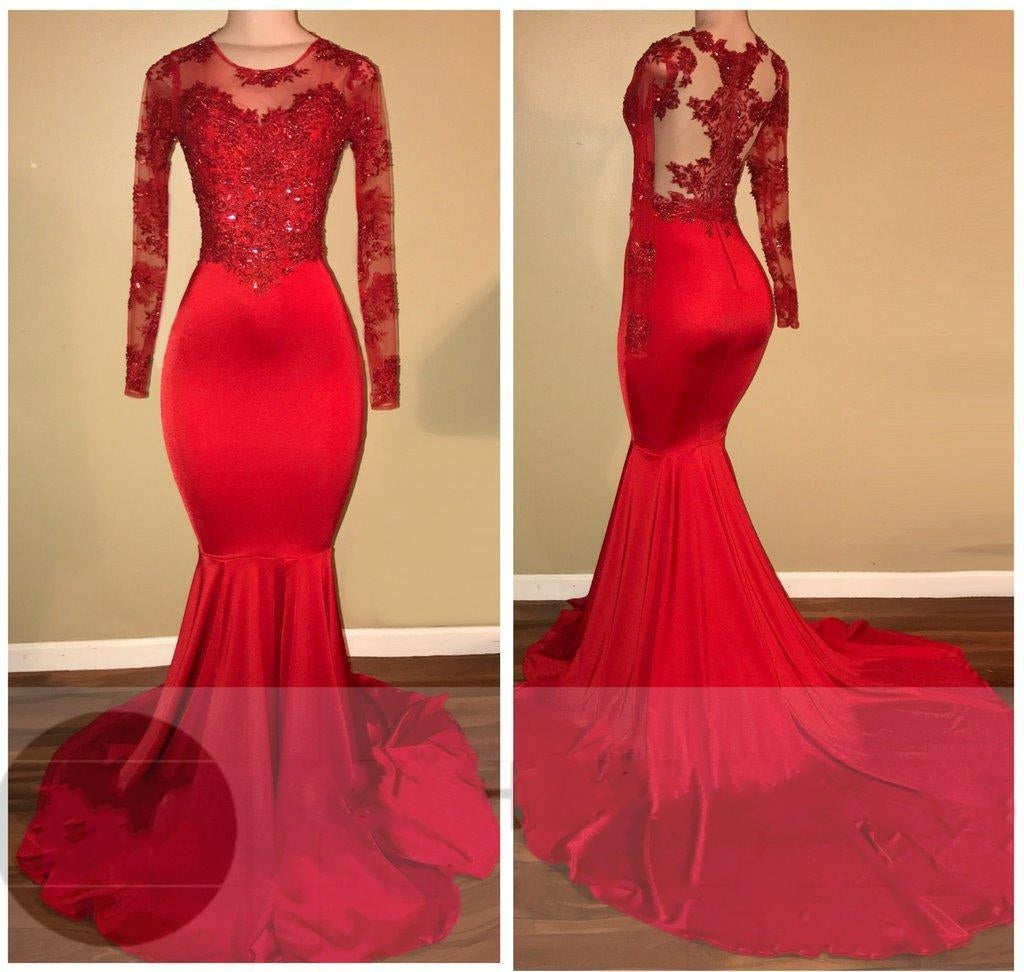 Verkaufen wir Elegant Abendkleid Rot Lang Günstig online bei Thekleid.de mit hocher Qualität und günstigen Preis. Spitze Meerjungfrau Abendkleider Mit Ärmel online mit versandkostenlos online.