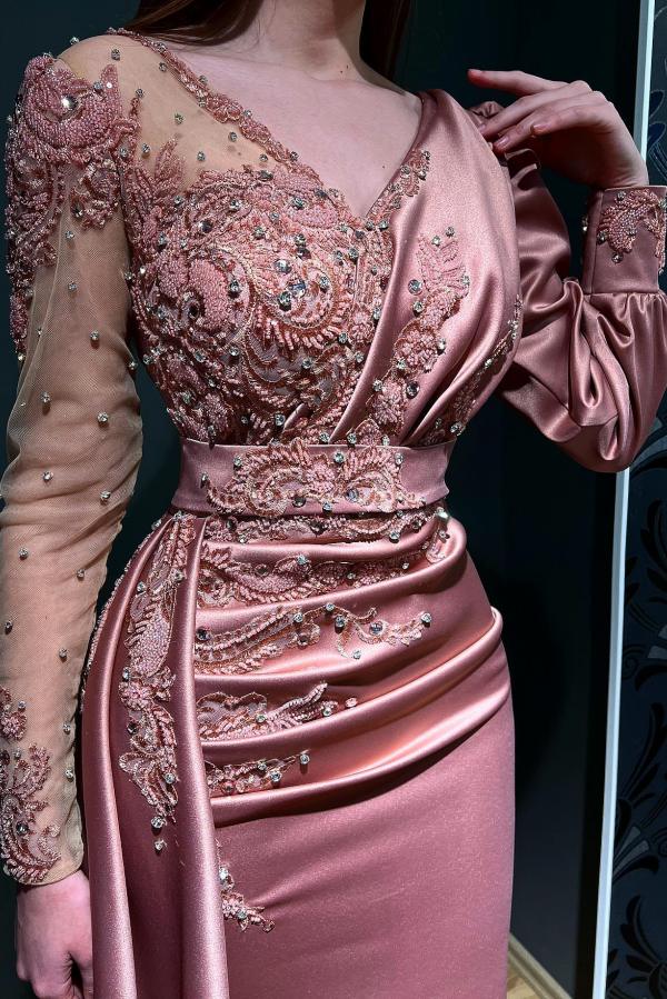 Bmbridal Dusty Pink Langarm Evening Dress Meerjungfrau Stil Applikation With Beads