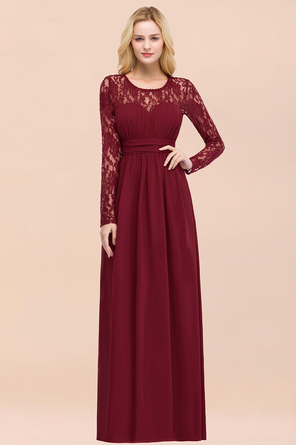 BMbridal Elegant Spitze Burgundy Bridesmaid Dresses Online with Langarm