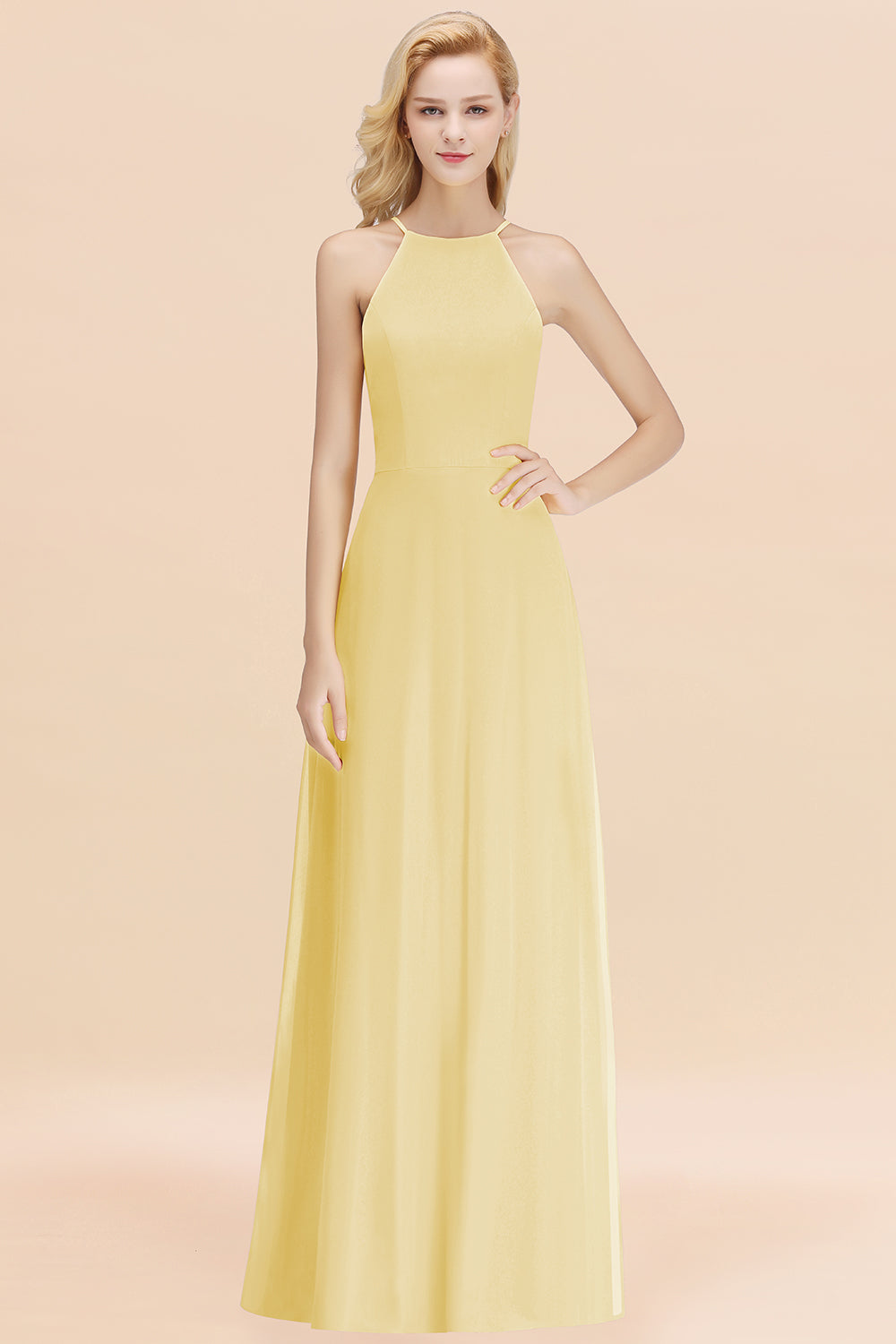 BMbridal Modest High-Neck Yellow Chiffon Affordable Bridesmaid Dresses Online