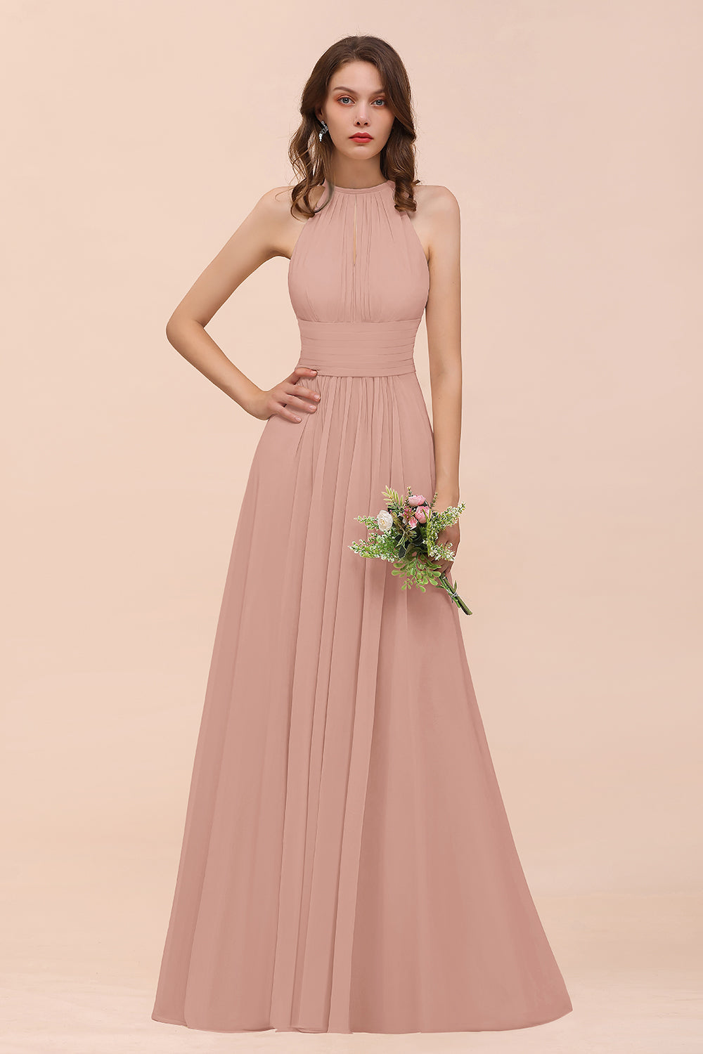 BMbridal Elegant Chiffon Jewel Ruffle Champagne Affordable Bridesmaid Dress Online