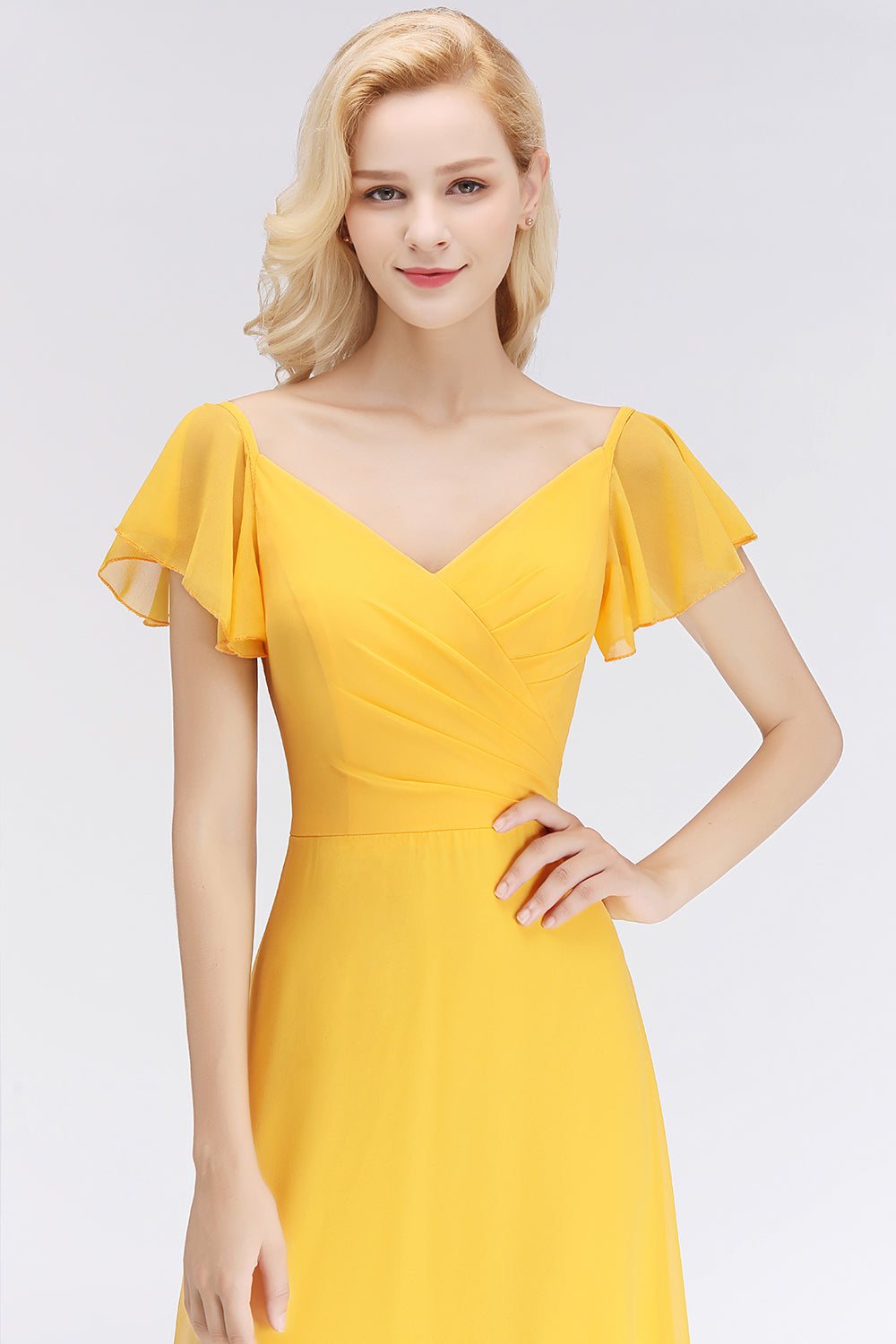 BMbridal Elegent Short-Sleeve Long Bridesmaid Dress Online Yellow Chiffon Hochzeit Party Dress