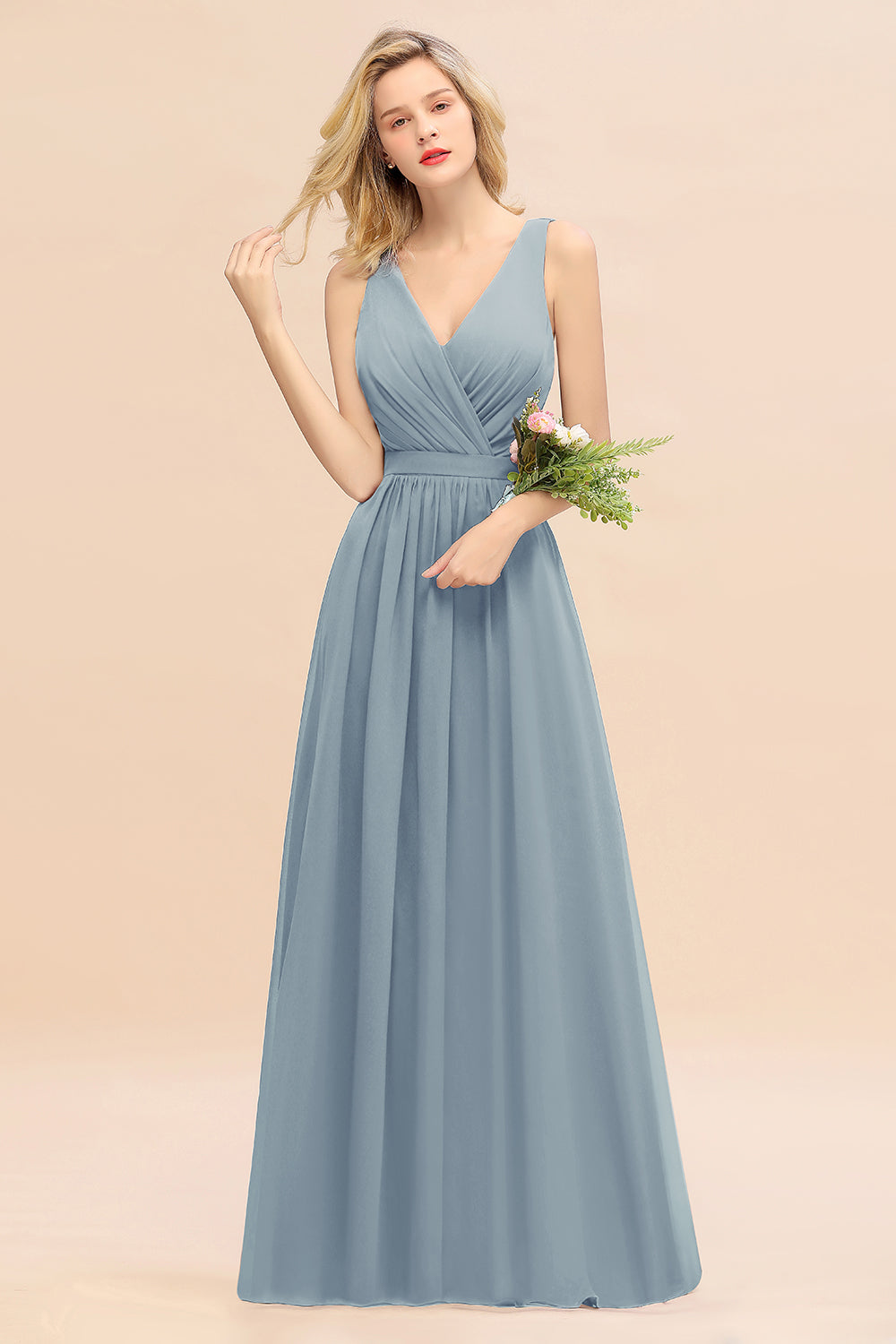 BMbridal Affordable V Ausschnitt Ruffle Long Grape Chiffon Bridesmaid Dress with Schleife