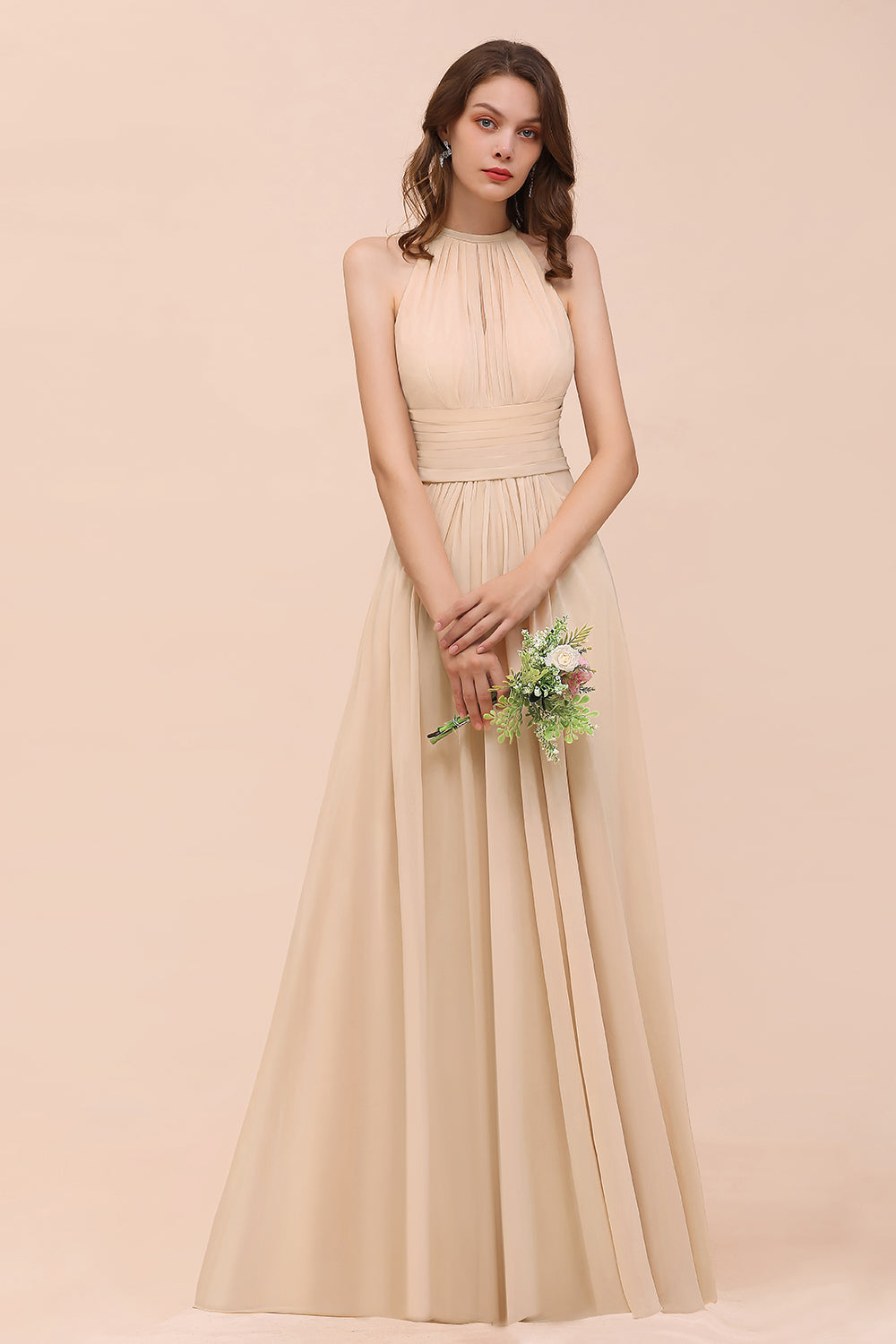 BMbridal Elegant Chiffon Jewel Ruffle Champagne Affordable Bridesmaid Dress Online