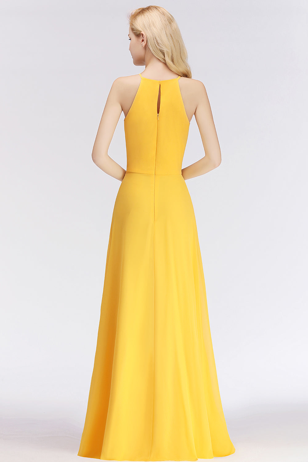 BMbridal Modest High-Neck Yellow Chiffon Affordable Bridesmaid Dresses Online