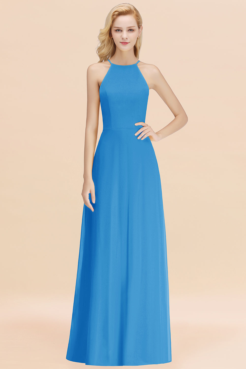 BMbridal Modest High-Neck Yellow Chiffon Affordable Bridesmaid Dresses Online