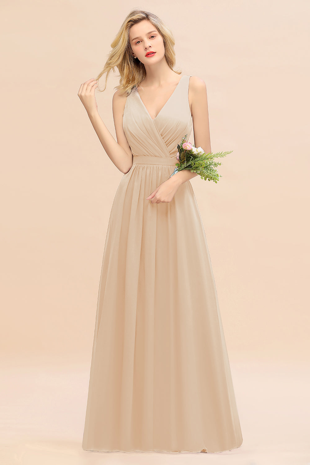 BMbridal Affordable V Ausschnitt Ruffle Long Grape Chiffon Bridesmaid Dress with Schleife