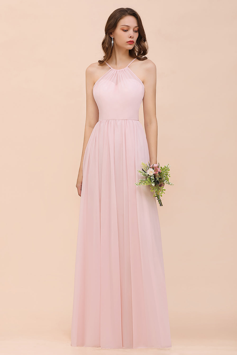 BMbridal Gorgeous Chiffon Neckholder Ruffle Affordable Long Bridesmaid Dress