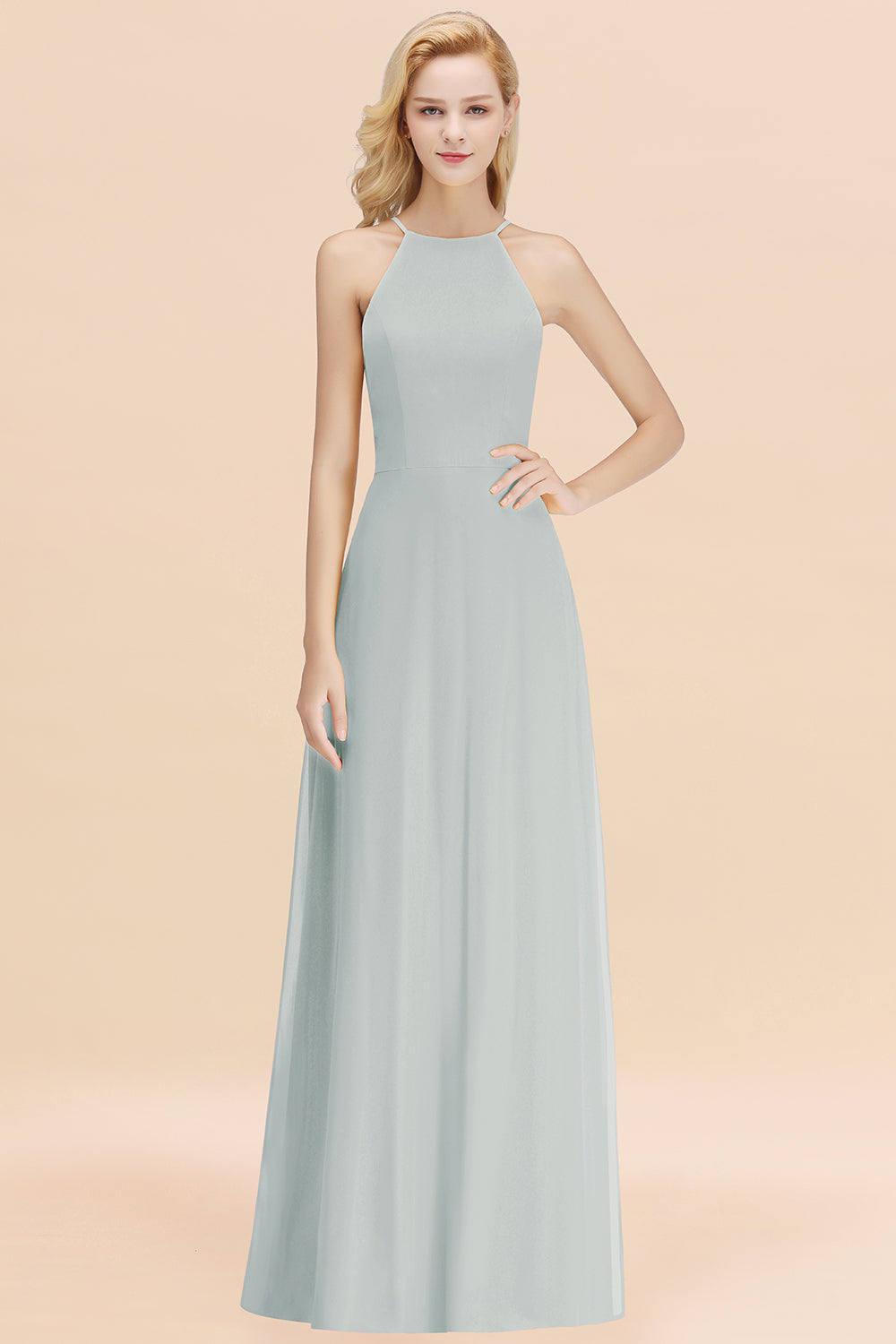 BMbridal Modest High-Neck Yellow Chiffon Affordable Bridesmaid Dresses Online