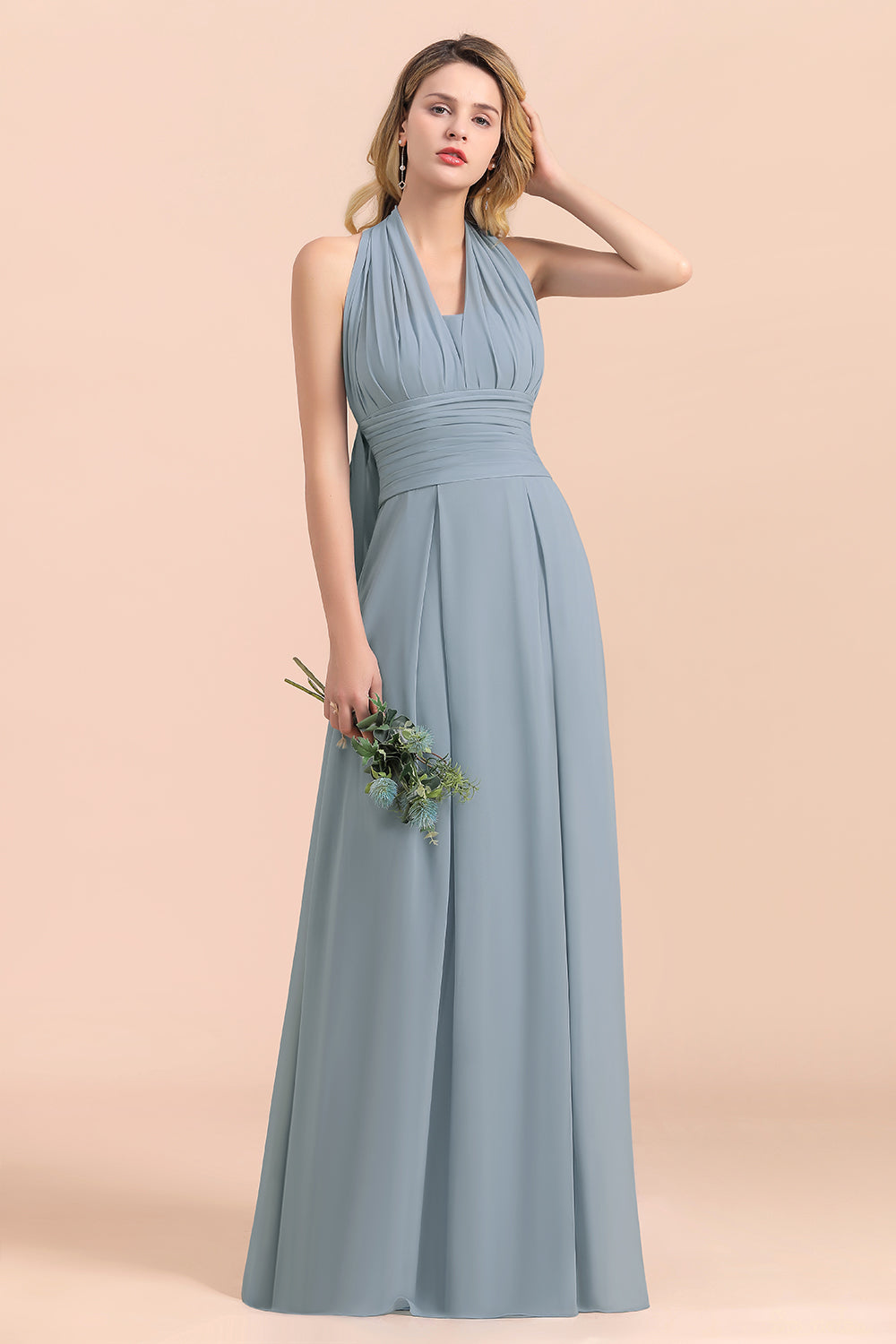 Finden Sie bei babyonlinedress.de Steel Blue Brautjungfernkleider Lang online.  Chiffon Kleider Günstig für Sie zur Hochzeit gehen,