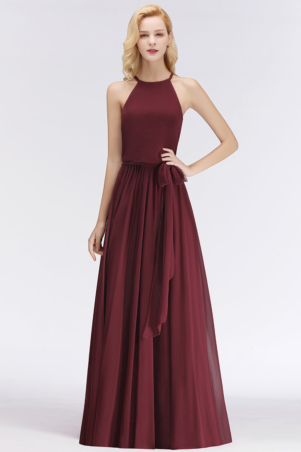 BMbridal Affordable Neckholder Schleife Long Bridesmaid Dress Modest Burgundy Chiffon Hochzeit Party Dress