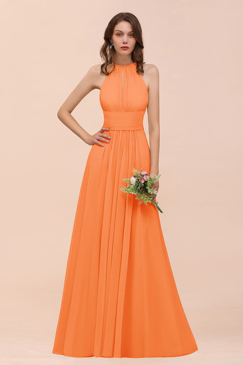 BMbridal Elegant Chiffon Jewel Ruffle Champagne Affordable Bridesmaid Dress Online