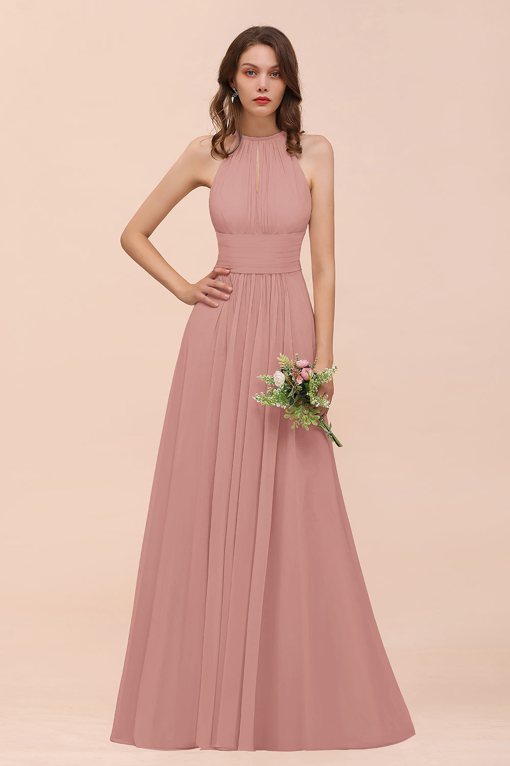 BMbridal Elegant Chiffon Jewel Ruffle Champagne Affordable Bridesmaid Dress Online