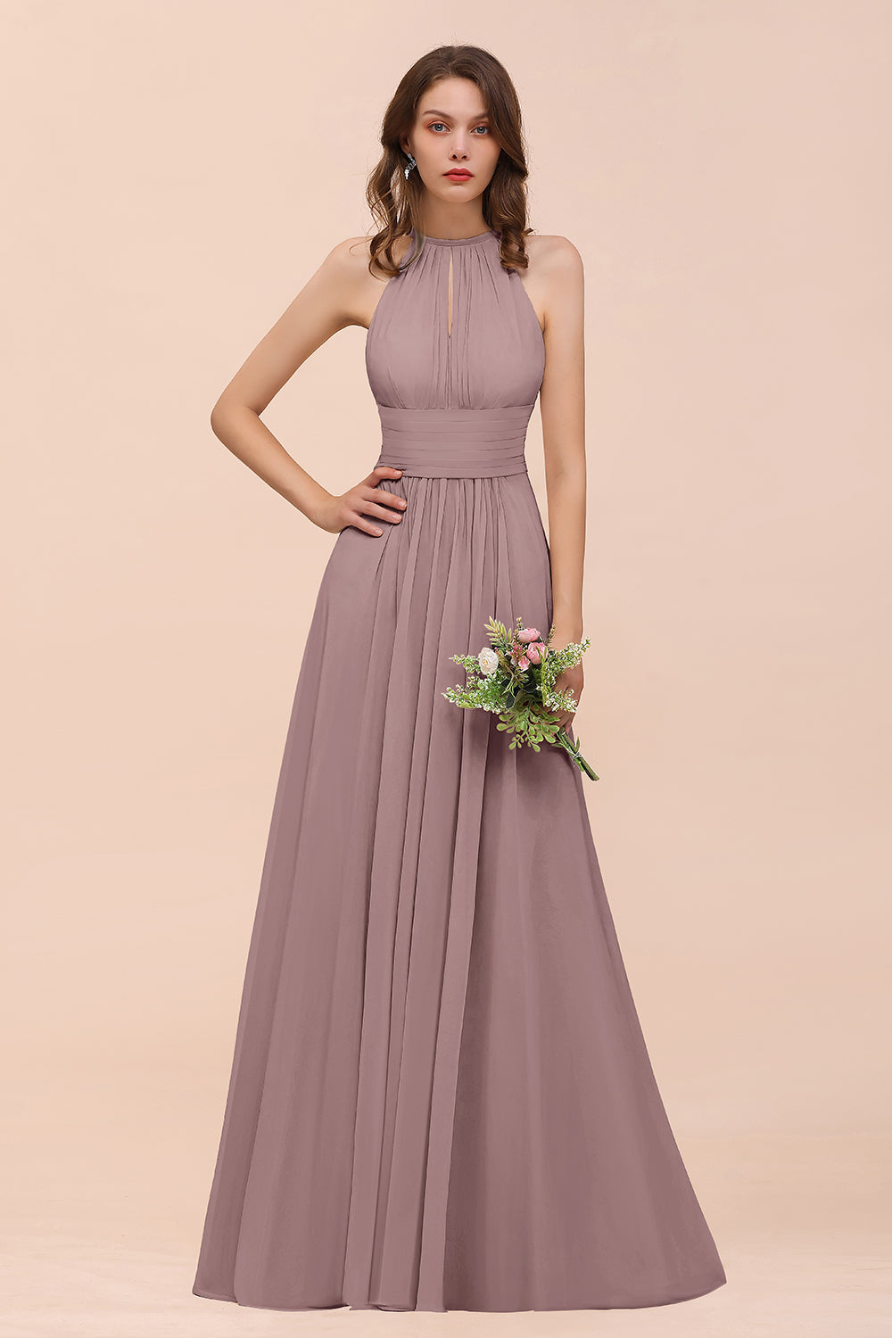 BMbridal Elegant Chiffon Jewel Ruffle Champagne Affordable Bridesmaid Dress Online