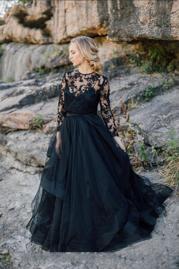Bestellen Sie bei babyonlinedress.de Schwarze Brautkleider mit Ärmel online. A Linie Hochzeitskleider mit Spitze zur hochzeit gehen.